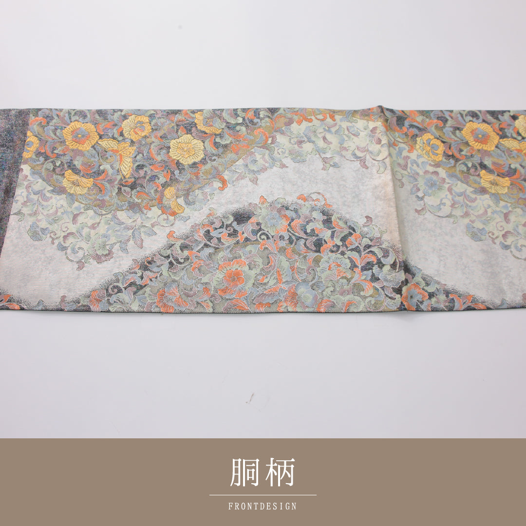 袋帯 帯丈442cm フォーマル 六通 Sランク 正絹 蝶 唐華 銀系 1223-02330