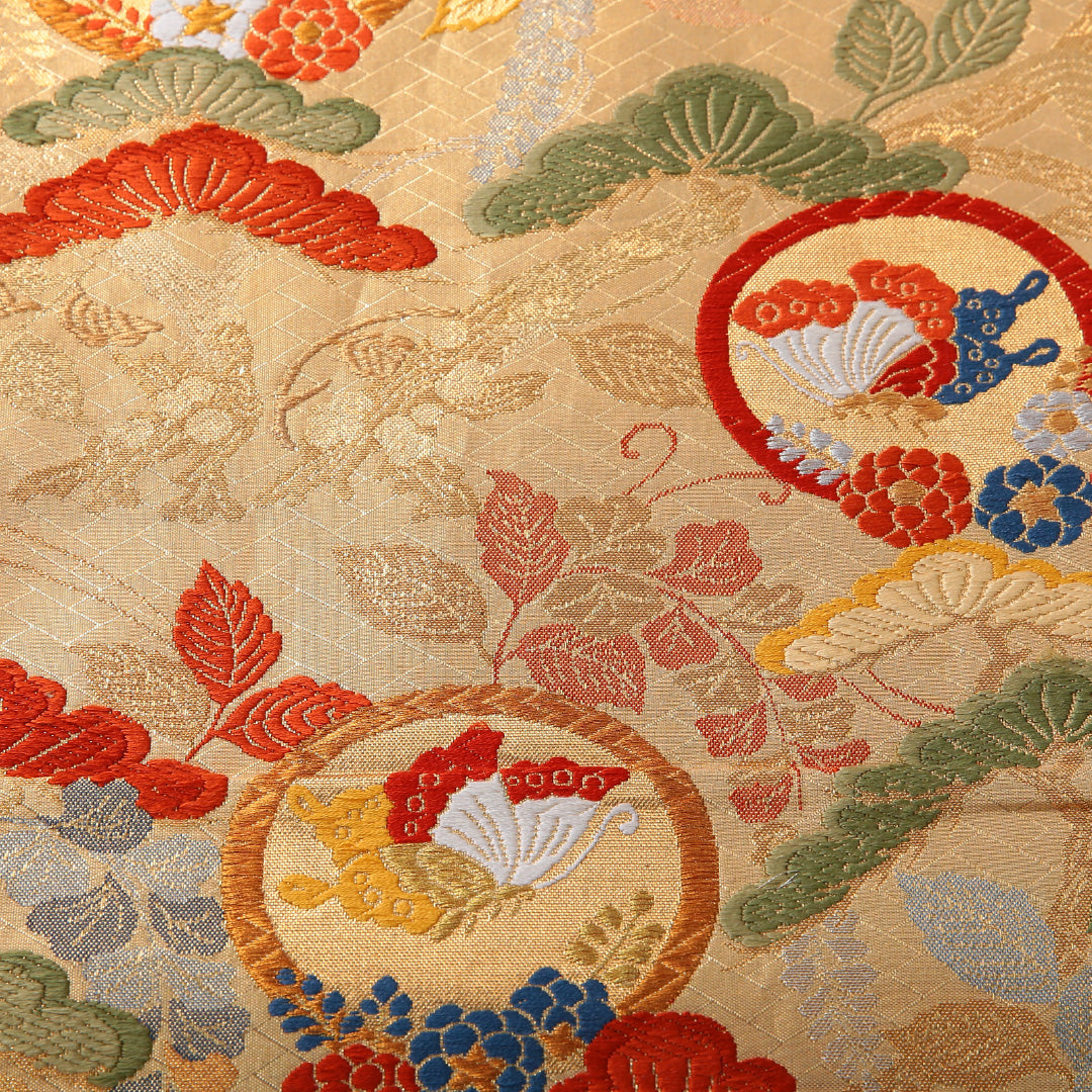 袋帯 帯丈442cm 正絹 六通 フォーマル 蝶 笠松 丸文 落款 金系 1243-02002