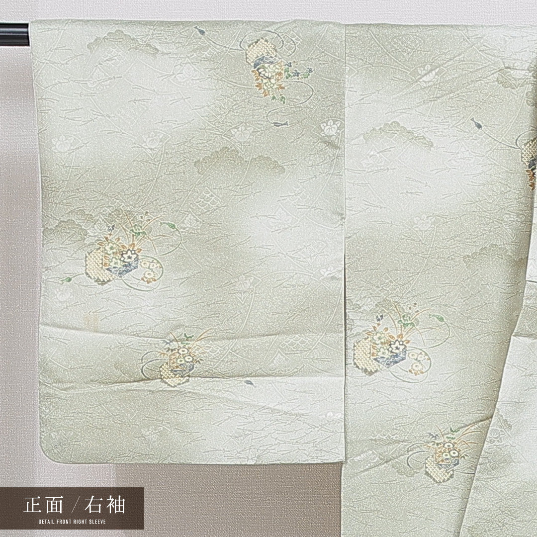 小紋 洗える着物 袷 身丈159cm 裄丈64cm ポリエステル Sランク Mサイズ 広衿 インフォーマル 雲取り 亀甲 緑系 1215-16274