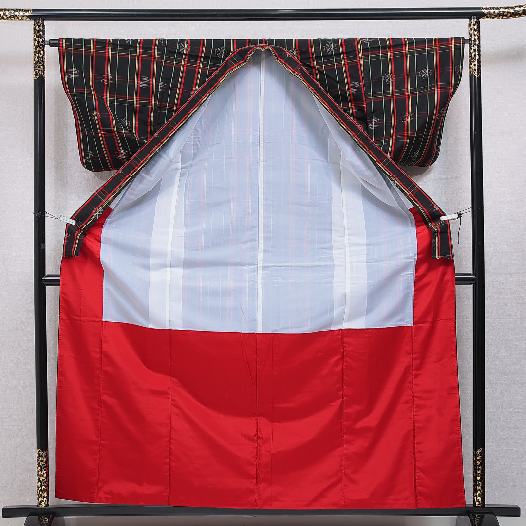 小紋 洗える着物 袷 身丈161cm 裄丈64cm ポリエステル Cランク Lサイズ バチ衿 インフォーマル 格子 黒系 1215-16370