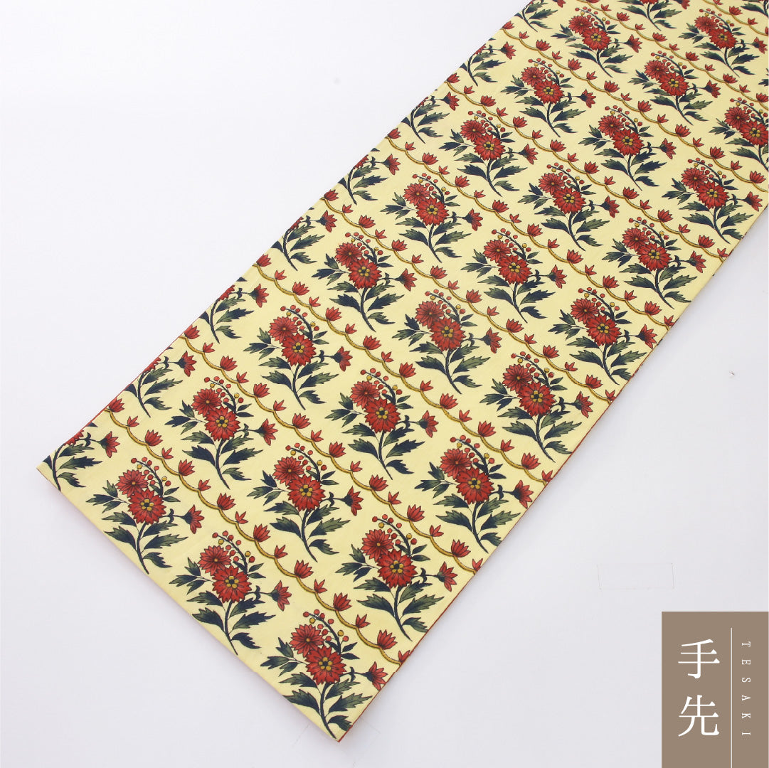 九寸名古屋帯 Cランク 帯丈378cm 正絹 全通 開き仕立て 染め カジュアル 紬 花柄 黄系 RP 1245-04139