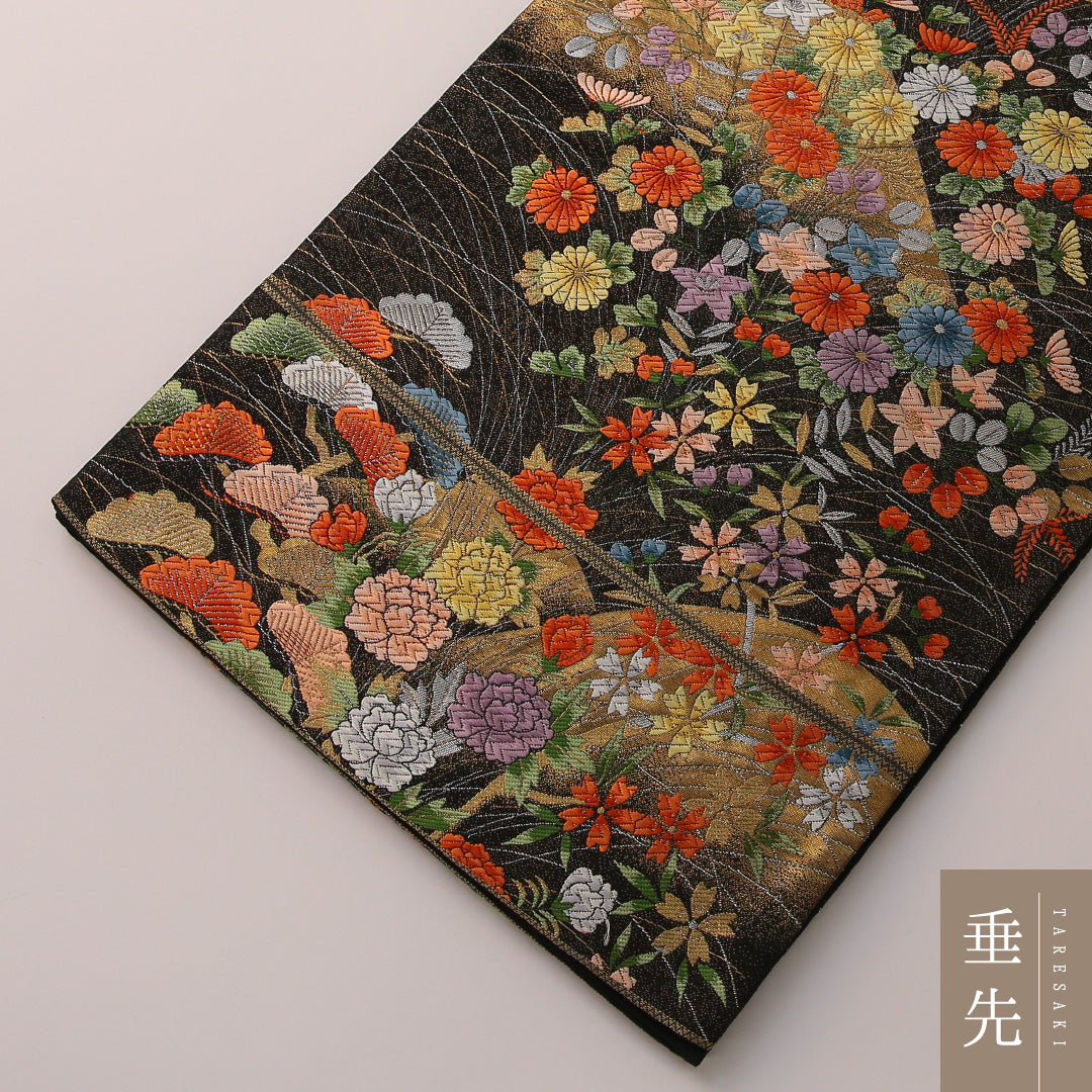 袋帯 帯丈424cm フォーマル 六通 Sランク 正絹 菊 笠松 黒系 金系 1223-01904