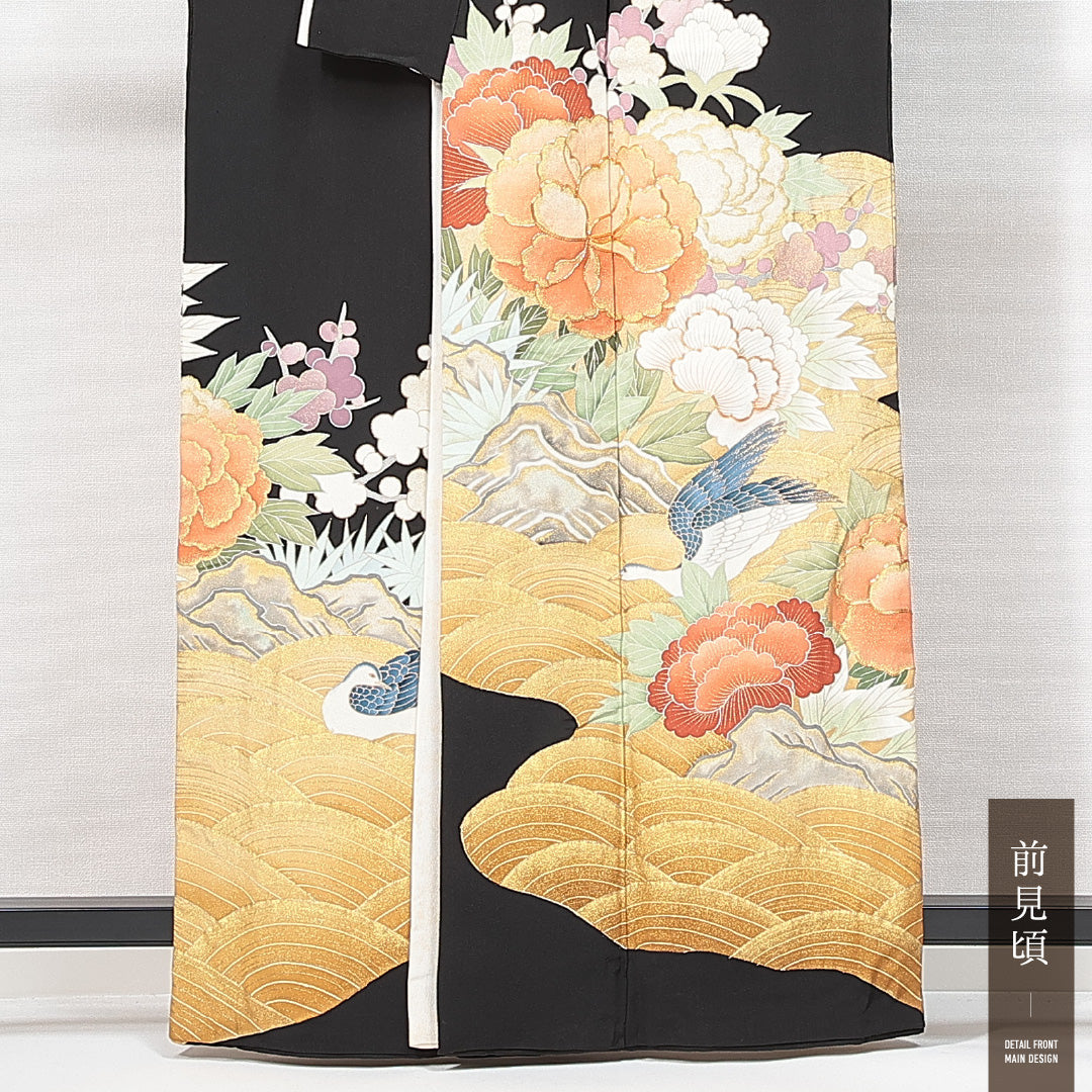 黒留袖 袷 身丈160cm 裄丈61cm 五つ紋 浮線柏 フォーマル Aランク Lサイズ 正絹 比翼仕立て 広衿 鶴 金駒刺繍 1211-F0630