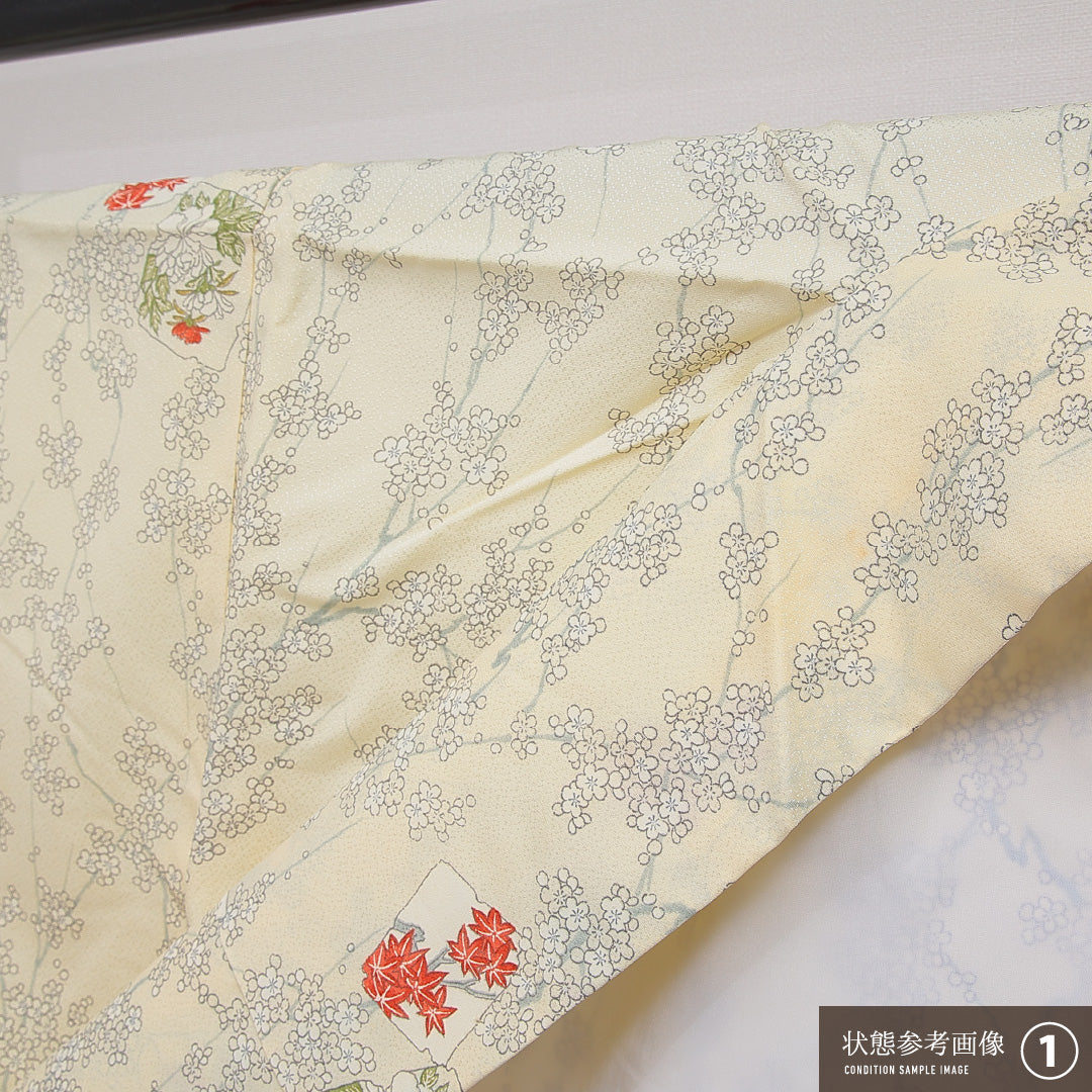 洗える着物 小紋 袷 身丈154cm 裄丈64cm ポリエステル Aランク インフォーマル 広衿 Sサイズ 梅 桜 黄系 HP 1221-16377