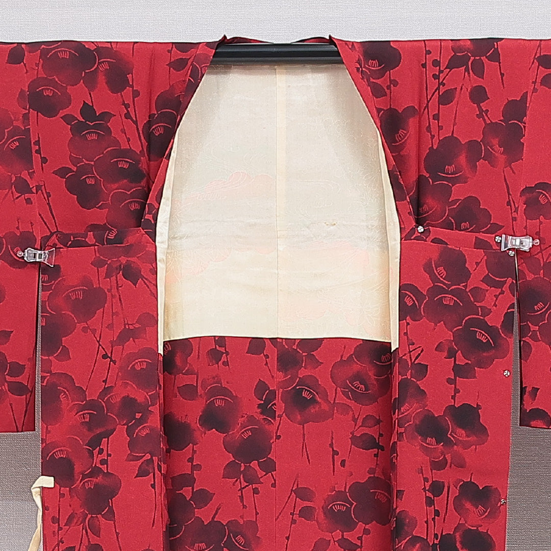 道行コート 袷 身丈81cm 裄丈62cm 正絹 Sランク セミフォーマル Sサイズ ポケットあり 証紙 梅 赤系 RP 1237-16134