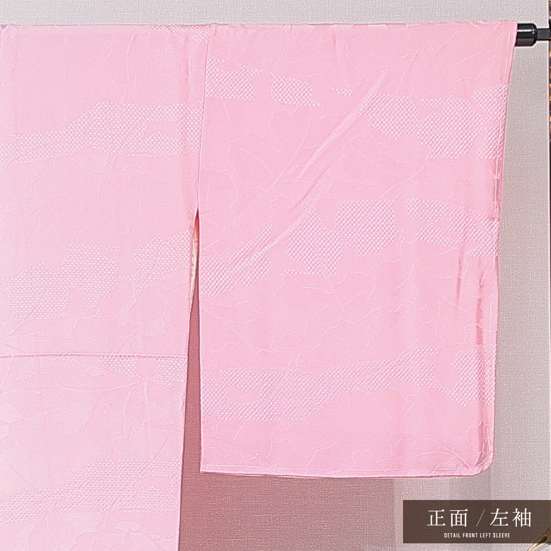 色無地 袷 身丈163cm 裄丈65cm 正絹 Aランク Lサイズ 広衿 インフォーマル 紋意匠 市松 無地 ピンク系 1214-15115