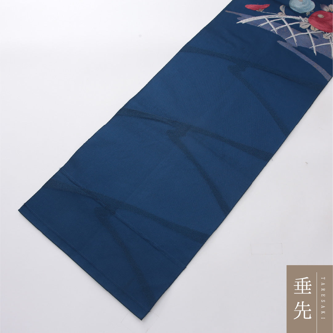 八寸名古屋帯 Aランク 帯丈348cm 正絹 ポイント柄 松葉仕立て 染め セミフォーマル 琳派 光悦垣 椿 くすんだ青系 RP 1245-03975
