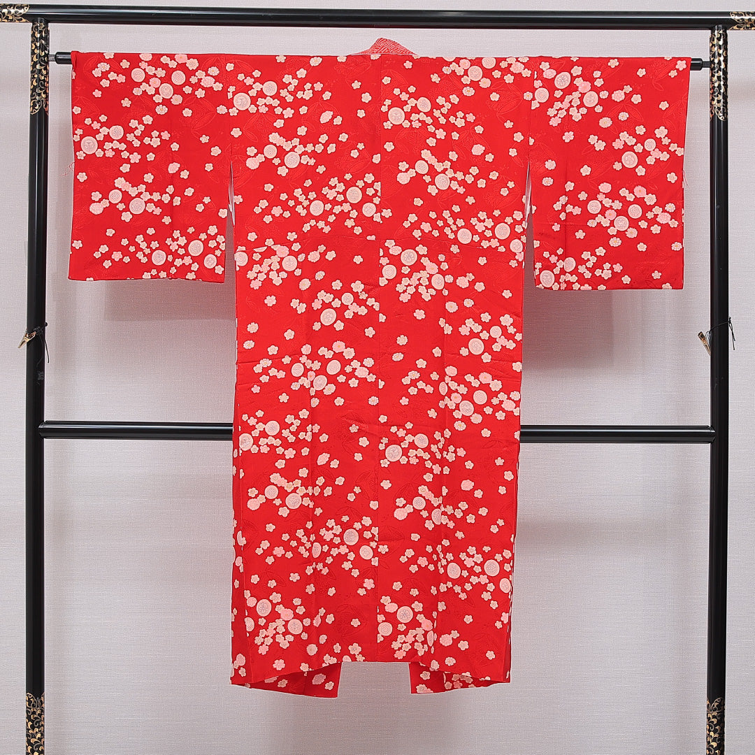 アンティーク 長襦袢 無双袖 身丈130cm 裄丈64cm 正絹 Cランク Lサイズ 桜 赤系 RP 1239-16697
