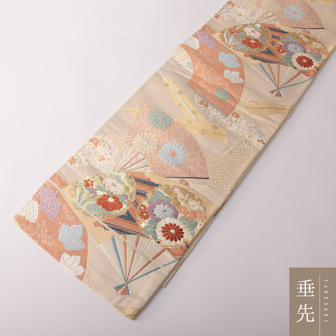 袋帯 帯丈428cm 正絹 六通 フォーマル 扇面文 古典柄 クリーム系 1243-01807