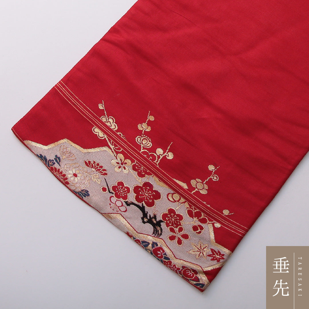 アンティーク 九寸名古屋帯 帯丈321cm インフォーマル 名古屋仕立て ポイント柄 Aランク 正絹 鳳凰 菊 赤系 1224-03526