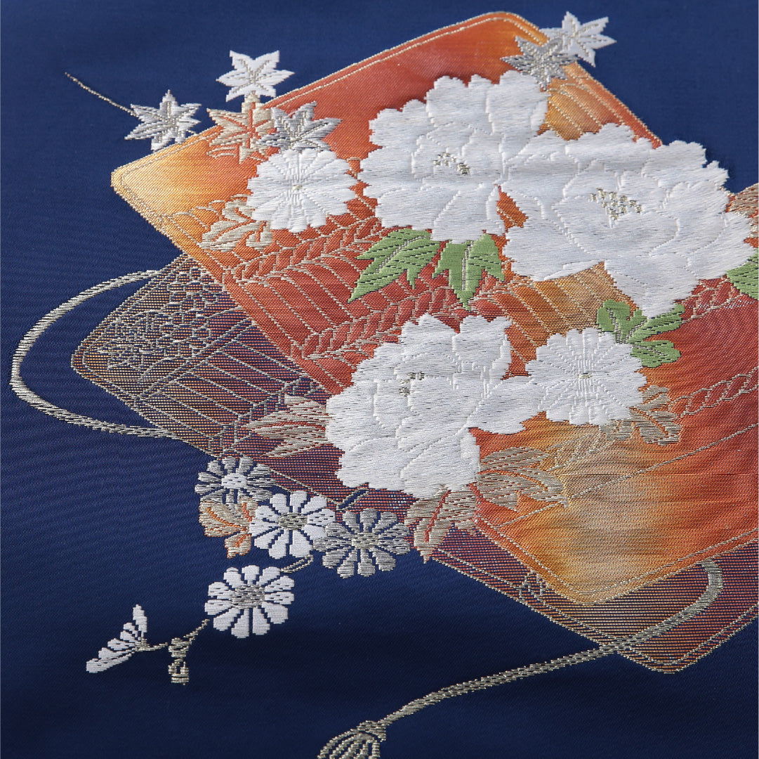 八寸名古屋帯 帯丈366cm セミフォーマル 松葉仕立て ポイント柄 Aランク 正絹 扇 牡丹 青系 1224-03727