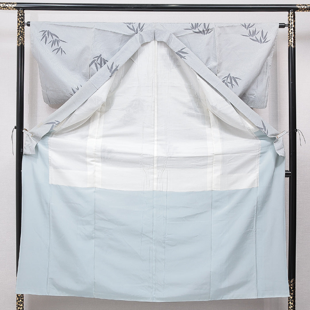 紬 袷 身丈156cm 裄丈63cm 正絹 Cランク Mサイズ バチ衿 カジュアル 笹 水色系 1216-15651