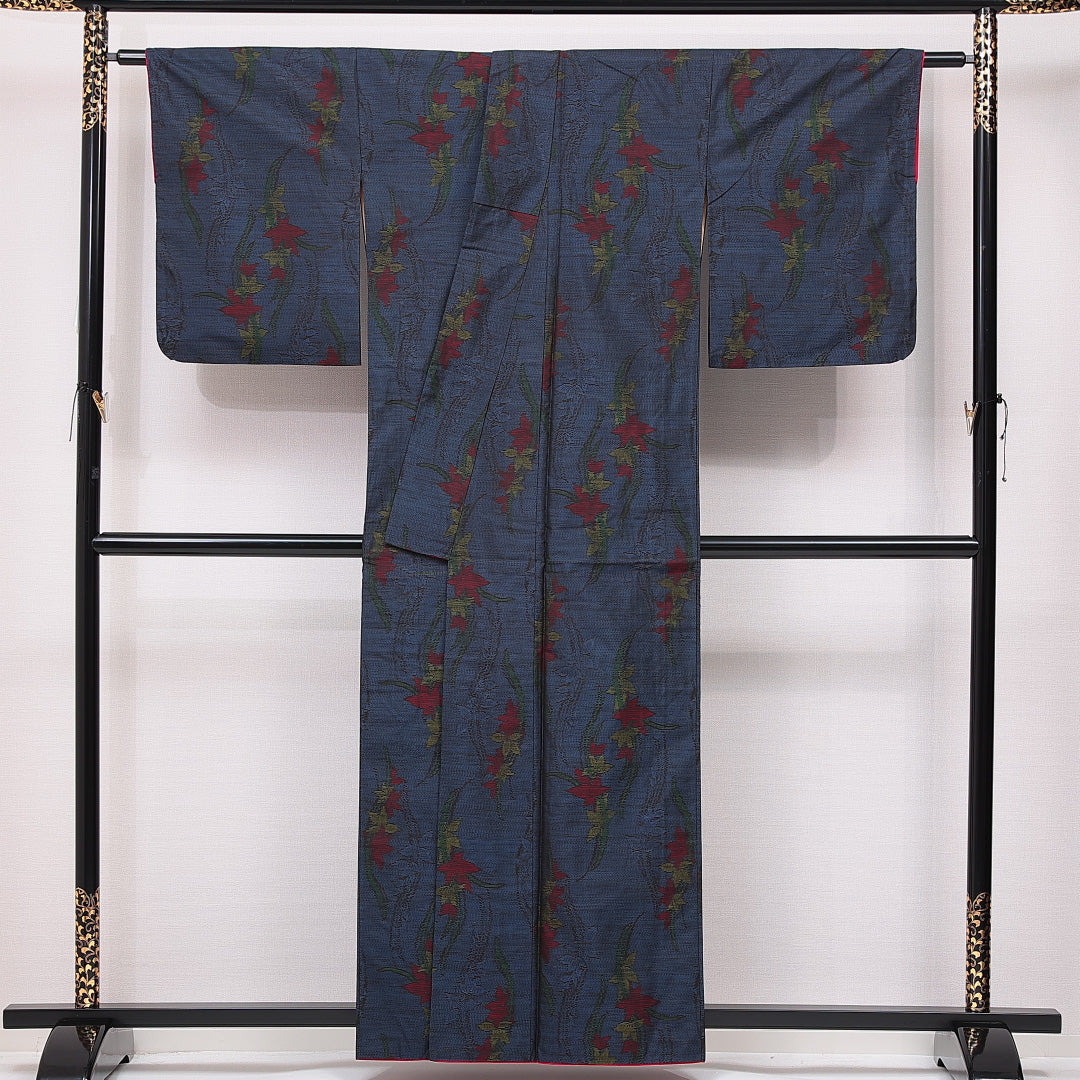 大島紬 袷 身丈159cm 裄丈65cm 正絹 Aランク インフォーマル 広衿 Mサイズ 花柄 紺系 RP 1223-15038