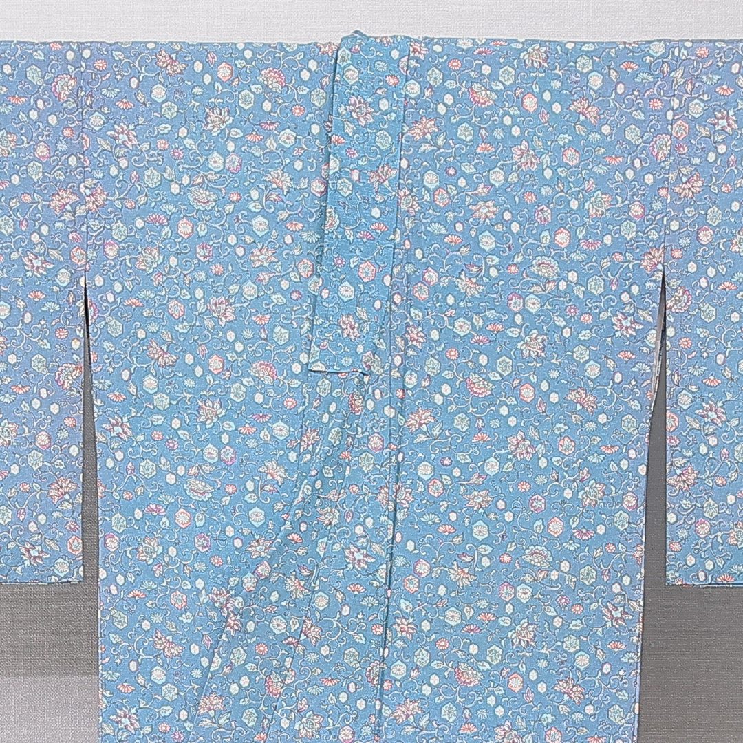 小紋 袷 身丈156cm 裄丈64cm 正絹 Sランク インフォーマル バチ衿 Mサイズ 唐華 水色系 RP 1221-15896