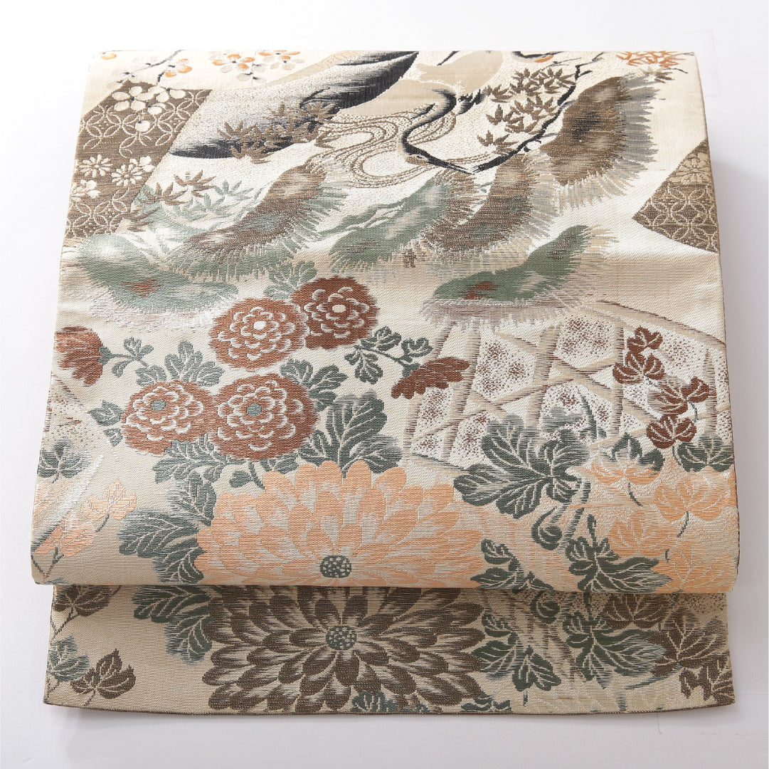 アンティーク 九寸名古屋帯 帯丈392cm 開き仕立て 全通 Aランク 正絹 鶴 菊 クリーム系 1224-03832