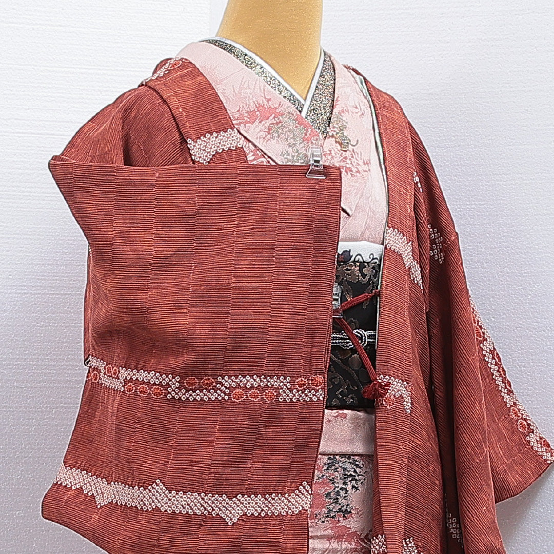 羽織 袷 身丈83cm 裄丈65cm 正絹 Sランク カジュアル Mサイズ 部分絞り 創作柄 茶系 RP 1232-16188