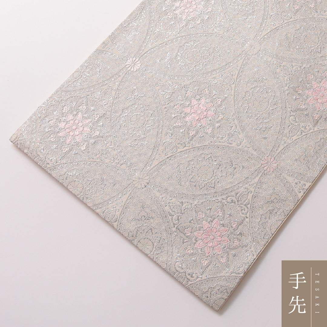 袋帯 帯丈420cm 正絹 六通 フォーマル 宝相華 唐草華文 七宝 銀系 1243-01843