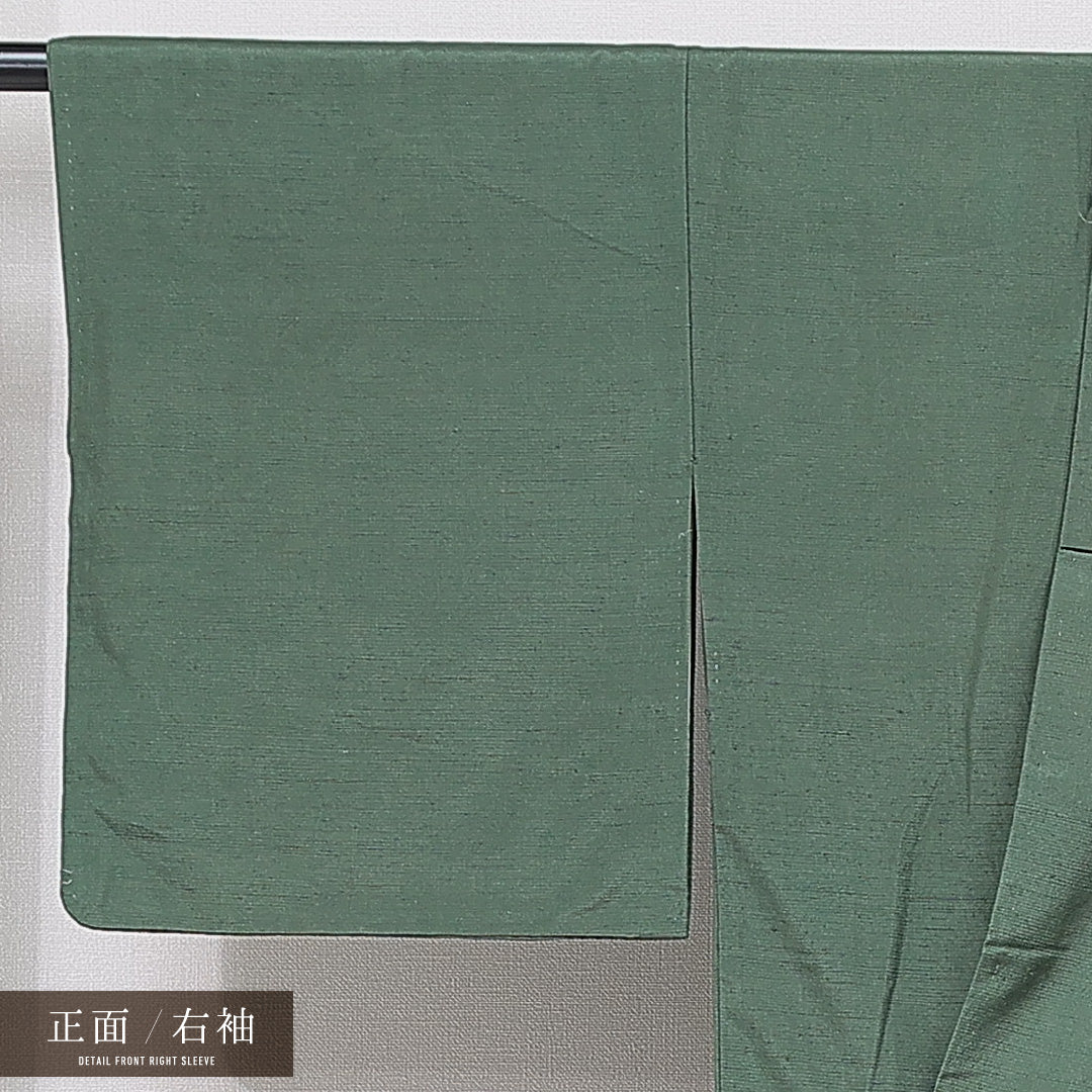 色無地（紬） 袷 身丈159cm 裄丈65cm 正絹 Cランク Mサイズ 広衿 インフォーマル 無地 緑系 1214-15609