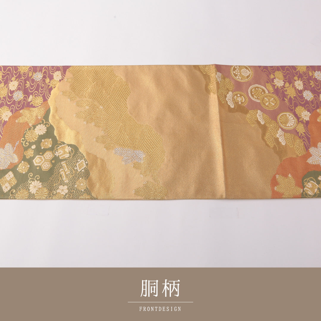 袋帯 帯丈424cm 正絹 六通 フォーマル 道長取り 光琳波 丸文 金系 1243-01772