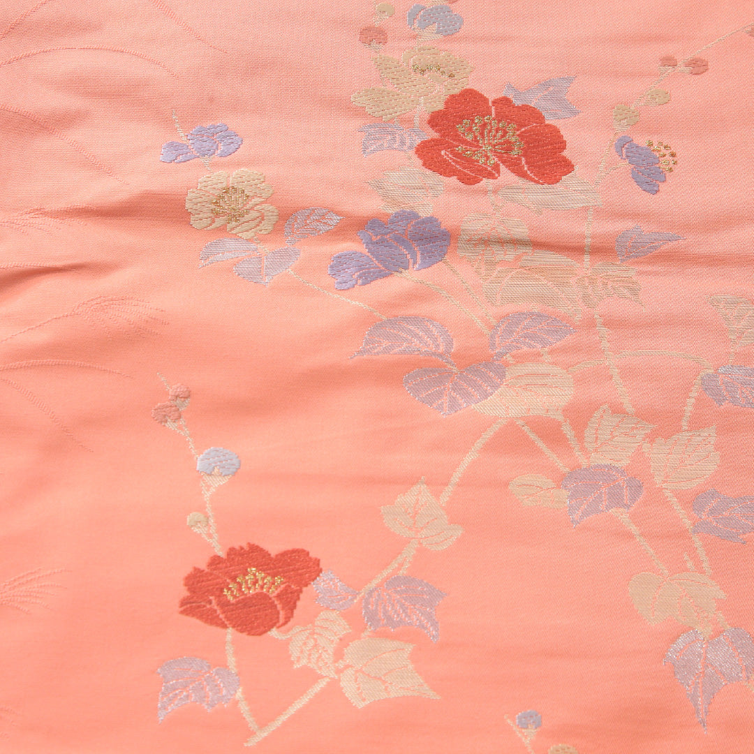 未使用品 九寸名古屋帯 Nランク 帯丈354cm 正絹 六通 名古屋仕立て 織り インフォーマル 花柄 朱の混ざったピンク系 RP 1245-04152
