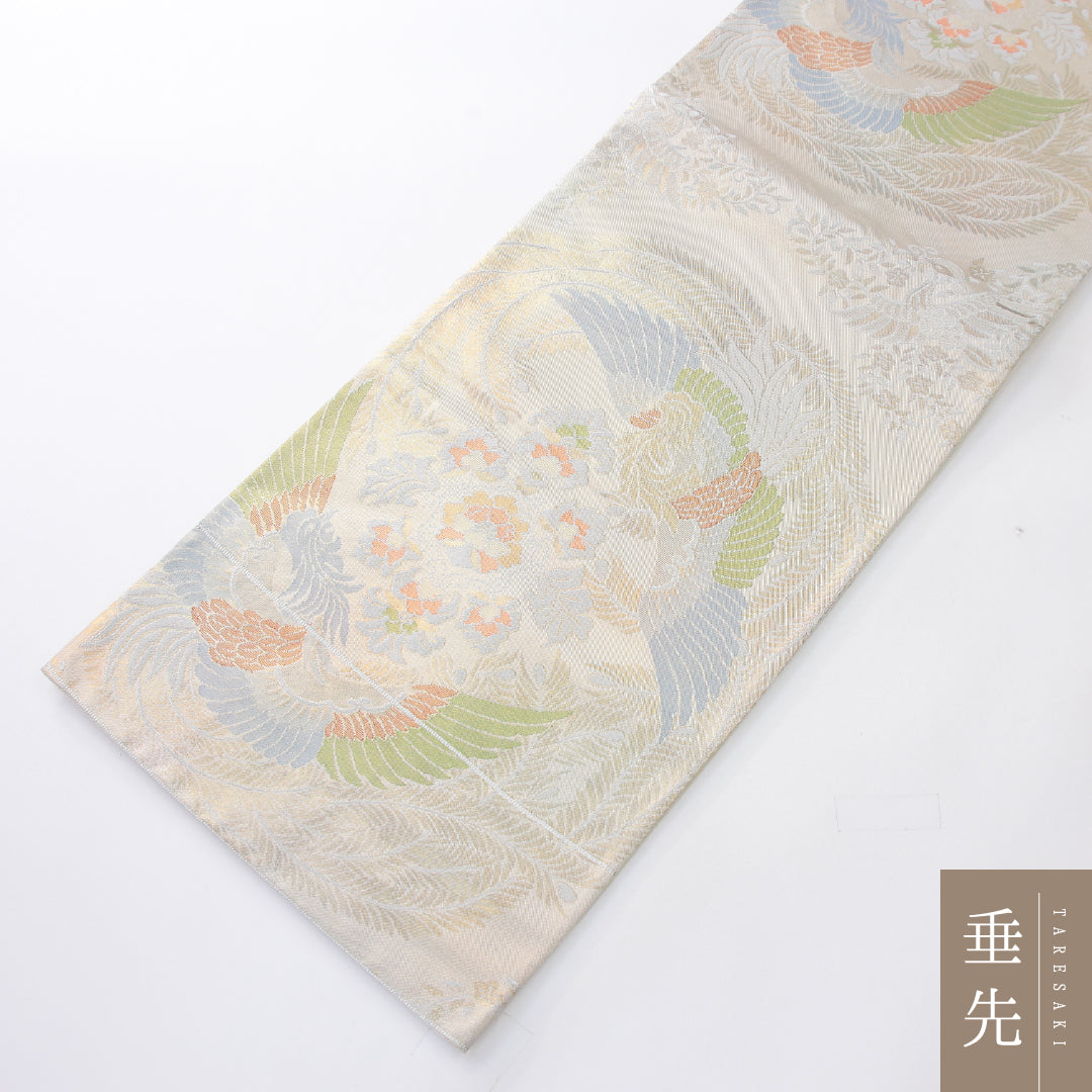 袋帯 帯丈416cm 正絹 六通 フォーマル 鳳凰 宝相華 クリーム系 銀系 1243-02174