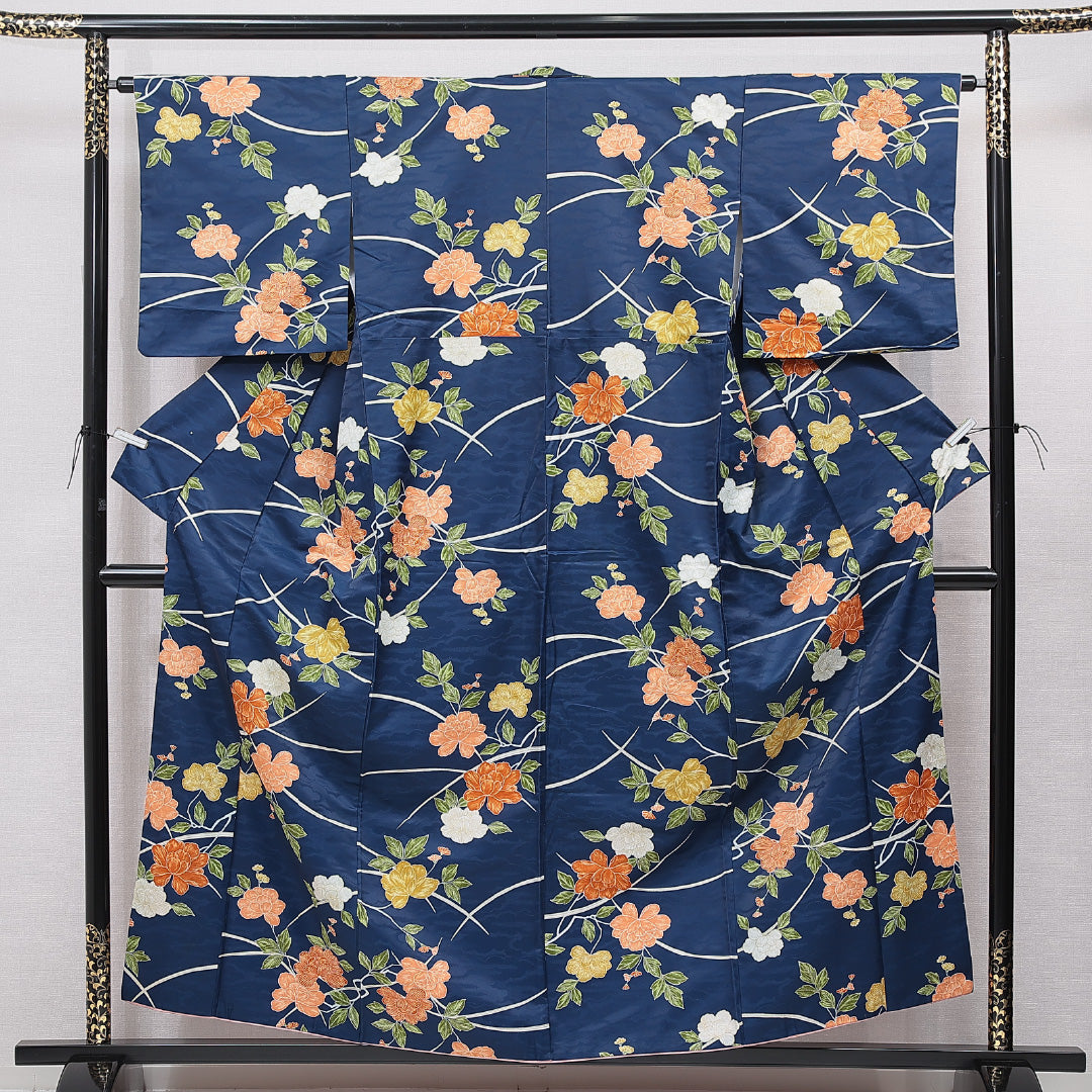 小紋 洗える着物 袷 身丈156cm 裄丈63cm ポリエステル Bランク Mサイズ 広衿 インフォーマル 牡丹 青系 1215-15802