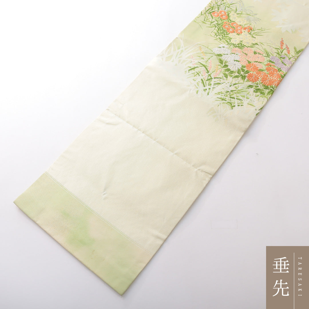 九寸名古屋帯 帯丈344cm カジュアル 名古屋仕立て ポイント柄 Cランク 正絹 菊 緑系 1224-03766