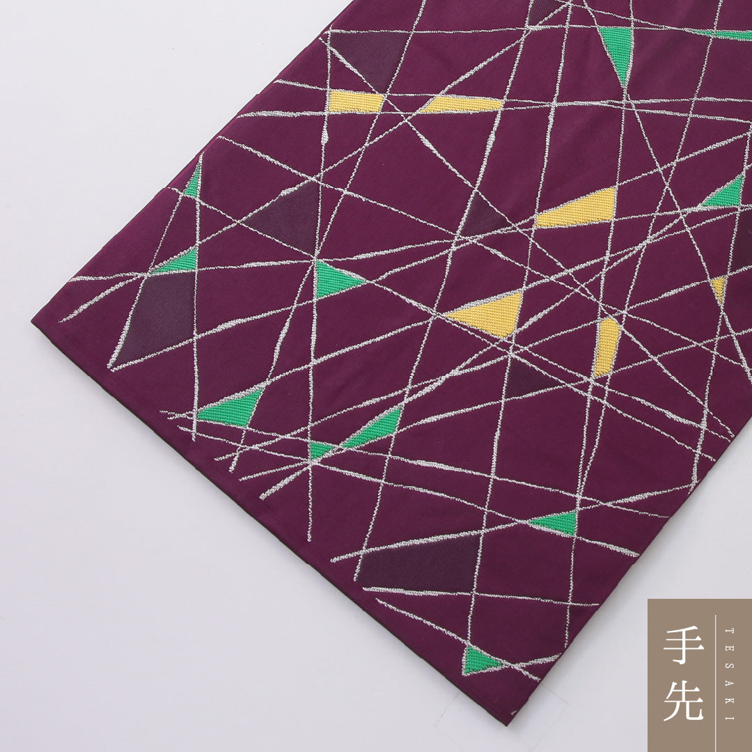 袋帯 帯丈434cm インフォーマル 六通 帯芯なし Cランク 正絹 創作柄 紫系 1223-02246