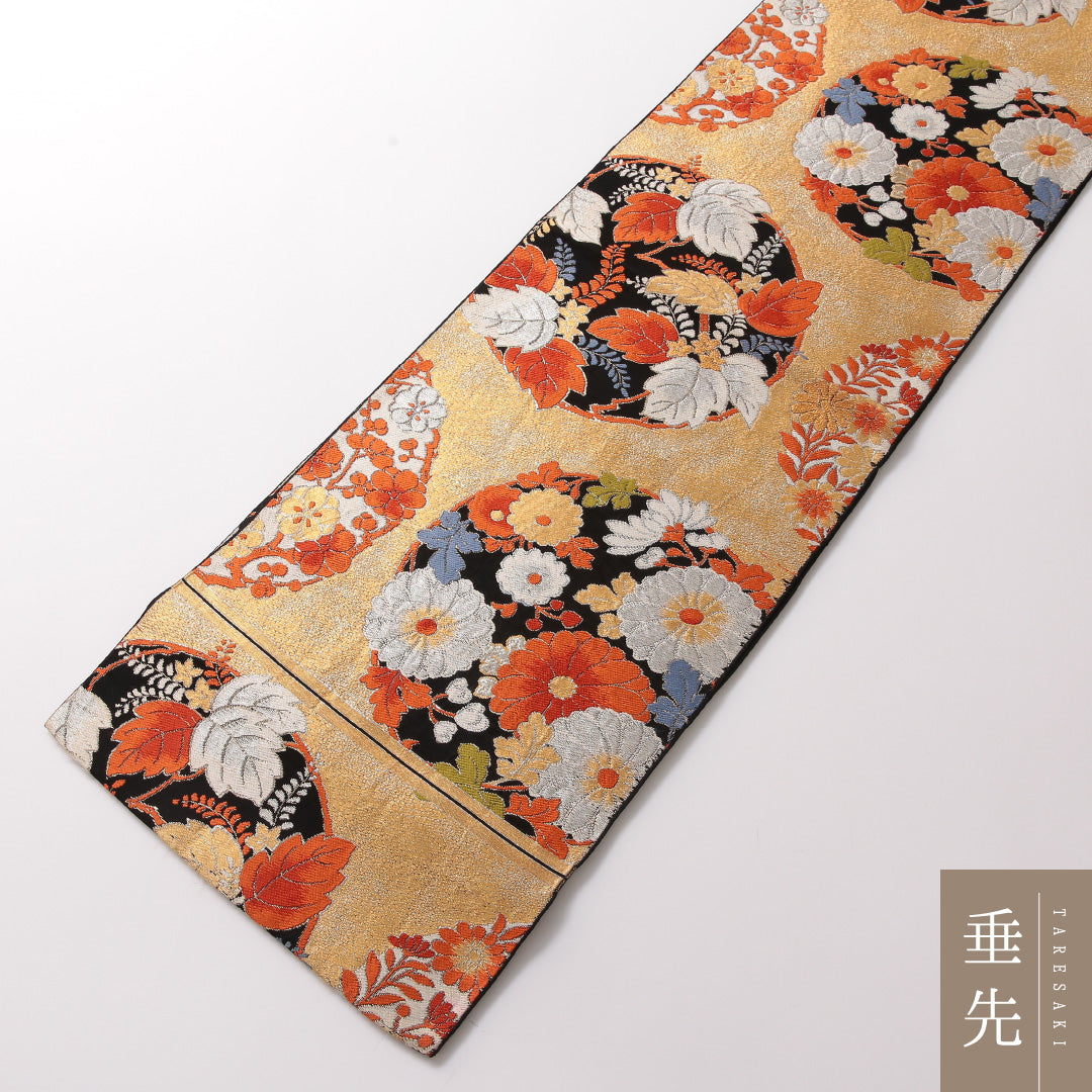 アンティーク 袋帯 帯丈400cm 六通 Bランク 正絹 菊 桐 金系 1223-01871