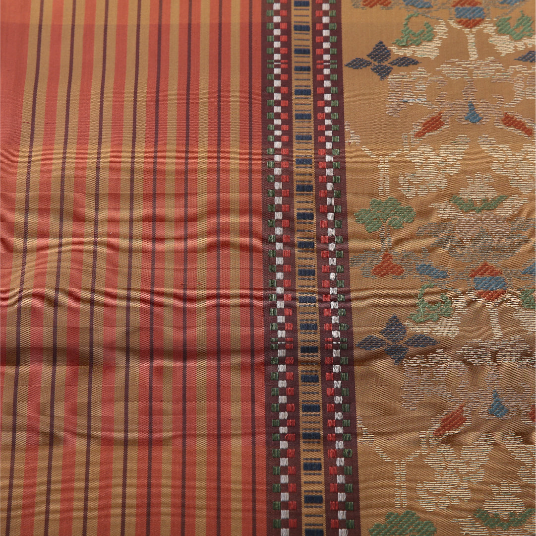 九寸名古屋帯 帯丈350cm インフォーマル 開き仕立て 六通 Aランク 正絹 花柄 縞 多色系 1224-03904