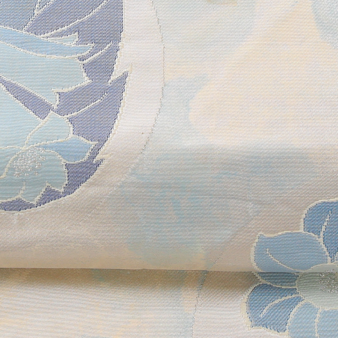 袋帯 帯丈446cm 正絹 六通 帯芯なし セミフォーマル 百合 クリーム系 1243-02204