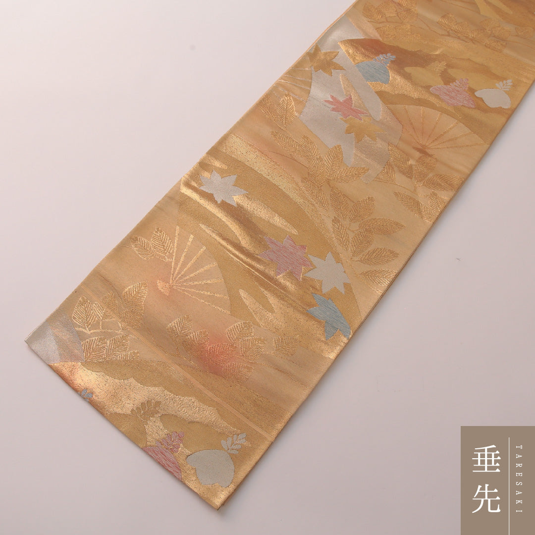 袋帯 帯丈408cm フォーマル 六通 Cランク 正絹 扇 紅葉 金系 1223-01887