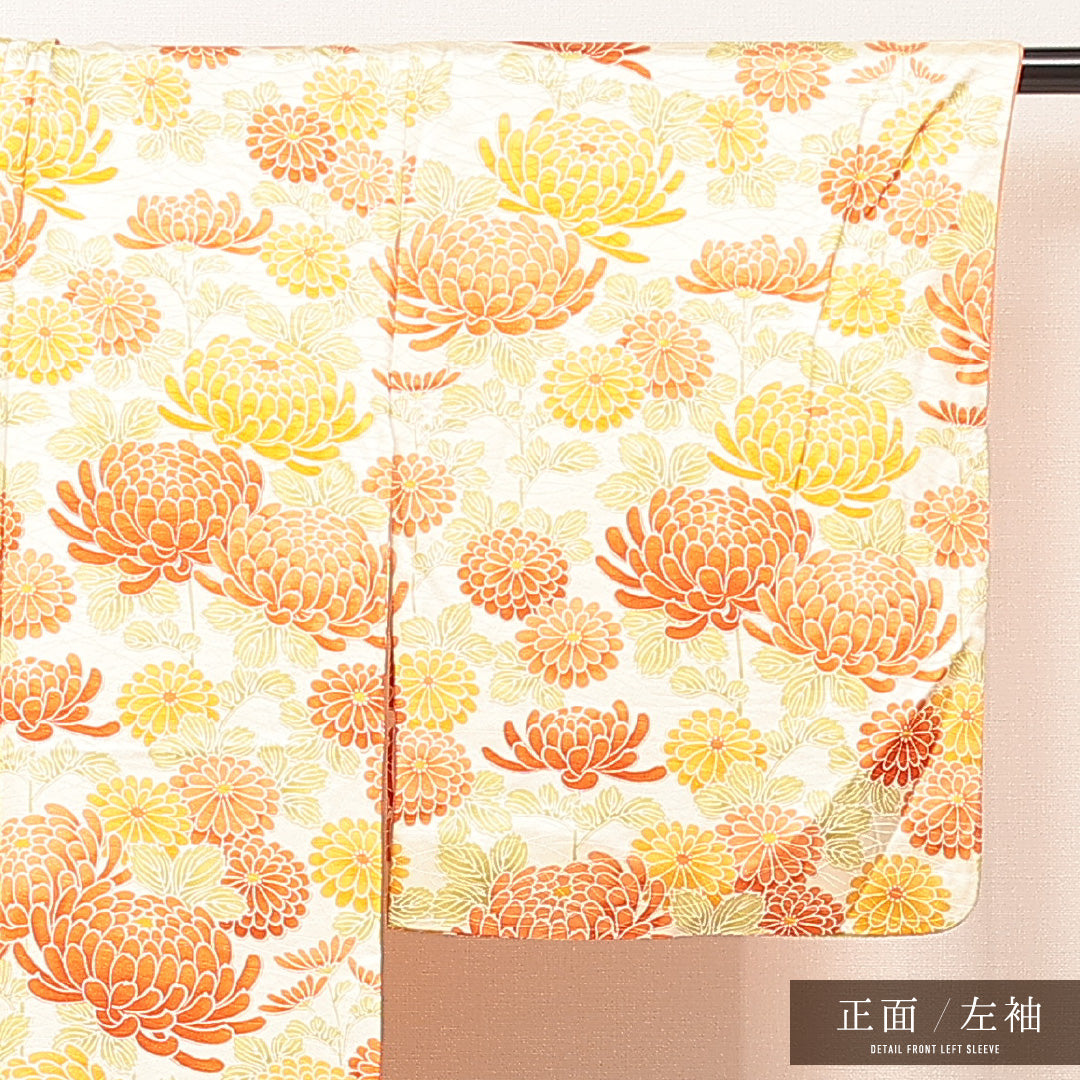 付下げ 洗える着物 袷 身丈161cm 裄丈65cm ポリエステル Aランク Lサイズ 広衿 インフォーマル 菊 小紋 クリーム系 1261-16876