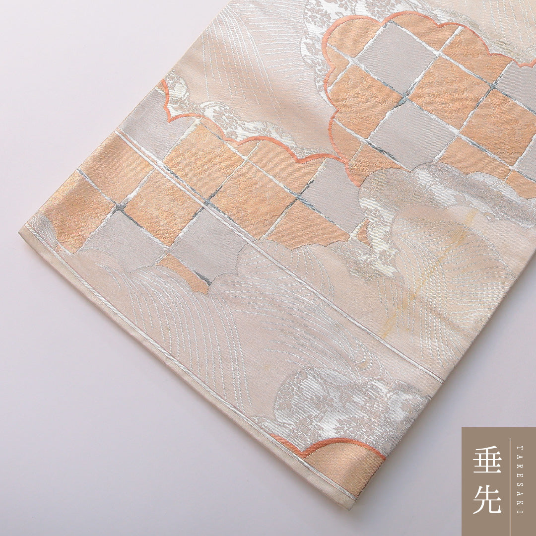 袋帯 帯丈426cm 正絹 六通 フォーマル 雲取り 格子 吉祥文様 銀系 1243-01992