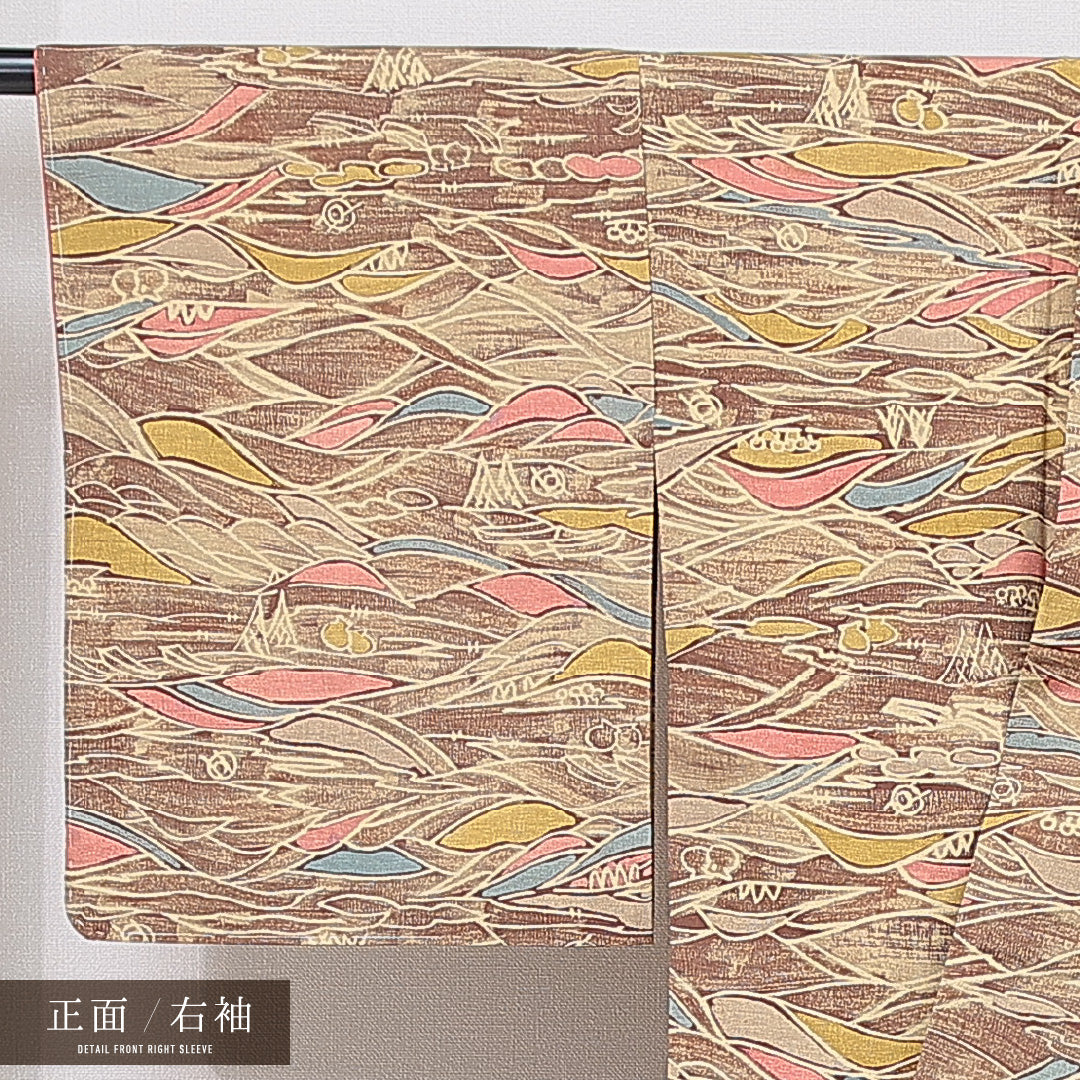 小紋 袷 身丈161cm 裄丈64cm 正絹 Sランク インフォーマル 広衿 Lサイズ 風景柄 茶系 RP 1221-15563