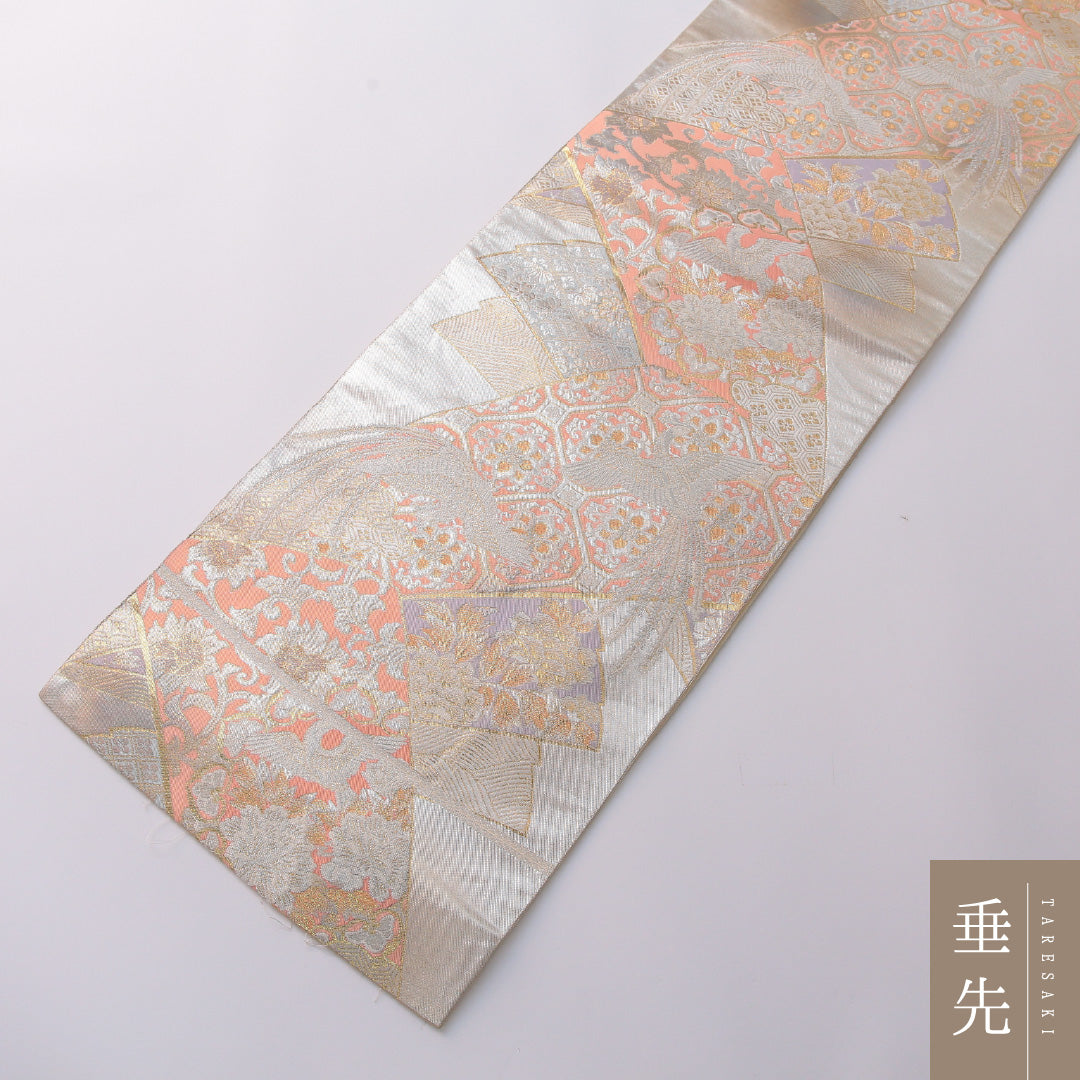 袋帯 帯丈428cm 正絹 六通 フォーマル 裂取り 鳳凰 クリーム系 金系 1243-01939
