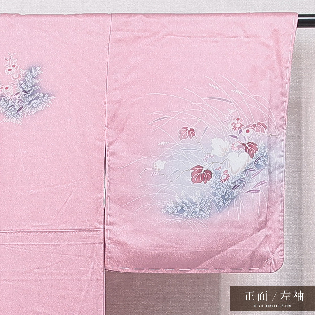 付下げ 袷 身丈159cm 裄丈65cm 正絹 Cランク インフォーマル 広衿 Mサイズ 草花 ピンク系 HP 1218-15571