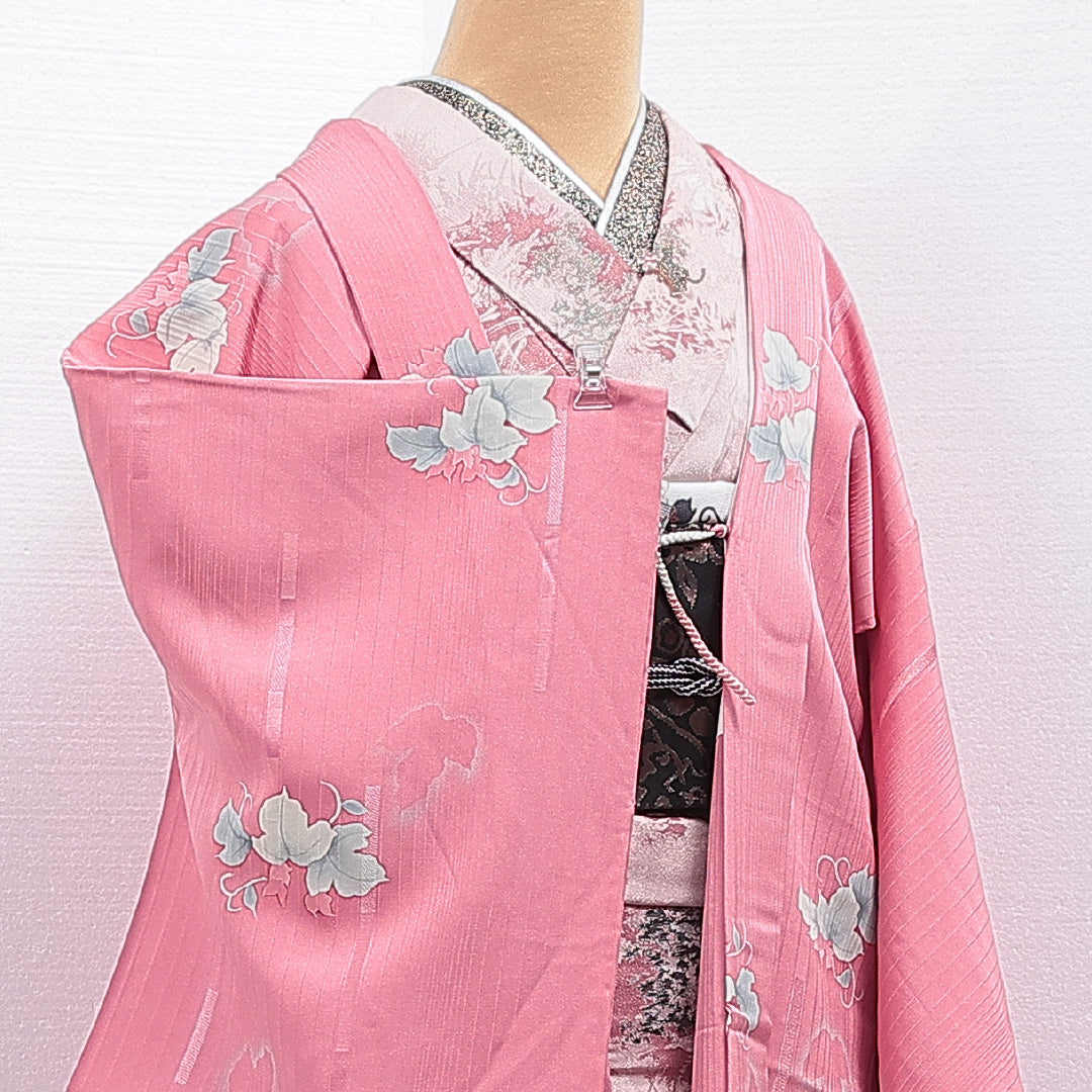 羽織 袷 身丈89cm 裄丈67cm 正絹 Sランク カジュアル Mサイズ 紐あり 蔦 ピンク系 RP 1232-16174