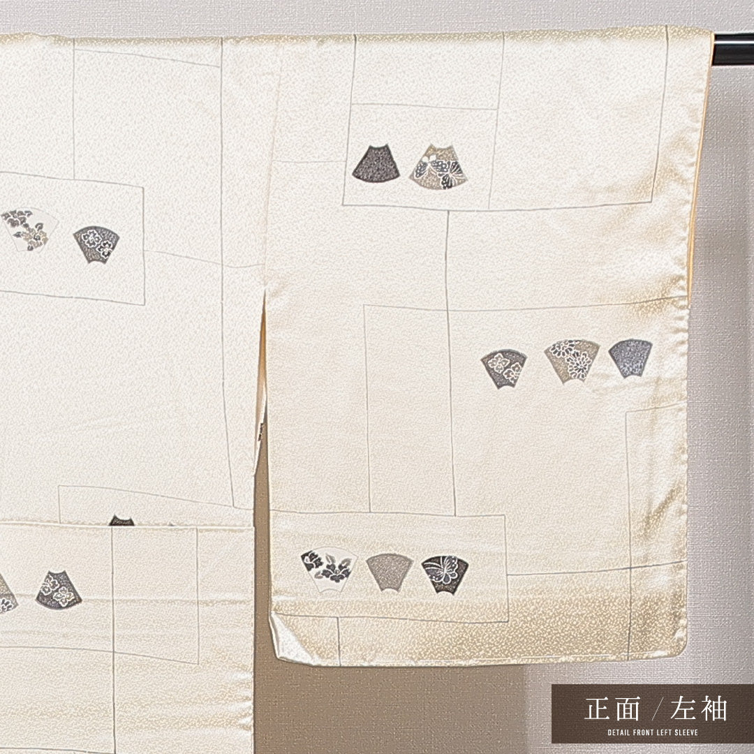 小紋 袷 身丈159cm 裄丈64cm 正絹 Sランク インフォーマル 広衿 Mサイズ 扇 花菱 クリーム系 RP 1221-15875