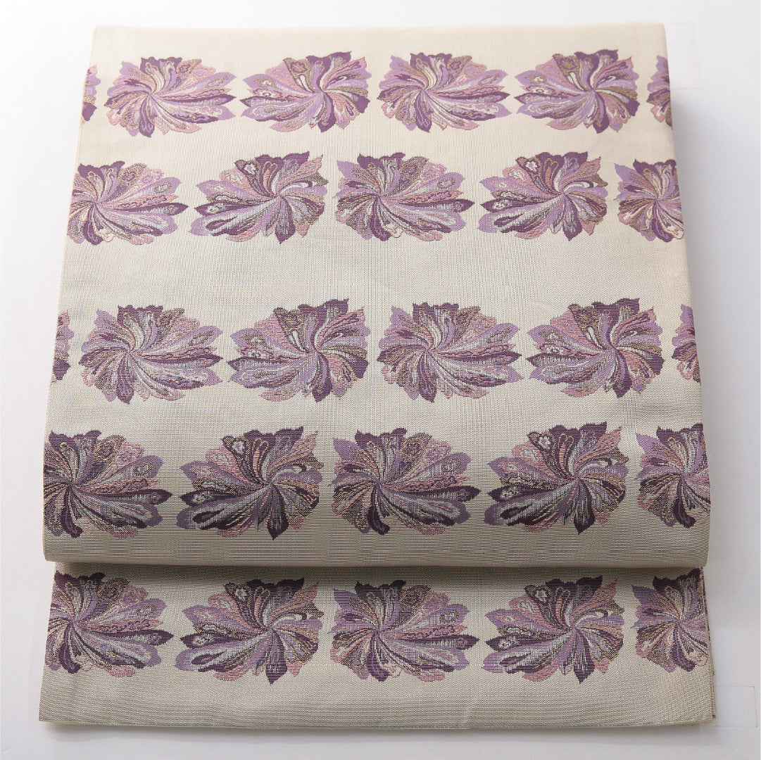 九寸名古屋帯 帯丈360cm カジュアル 開き仕立て 全通 Sランク 正絹 花柄 ベージュ系 1224-03823