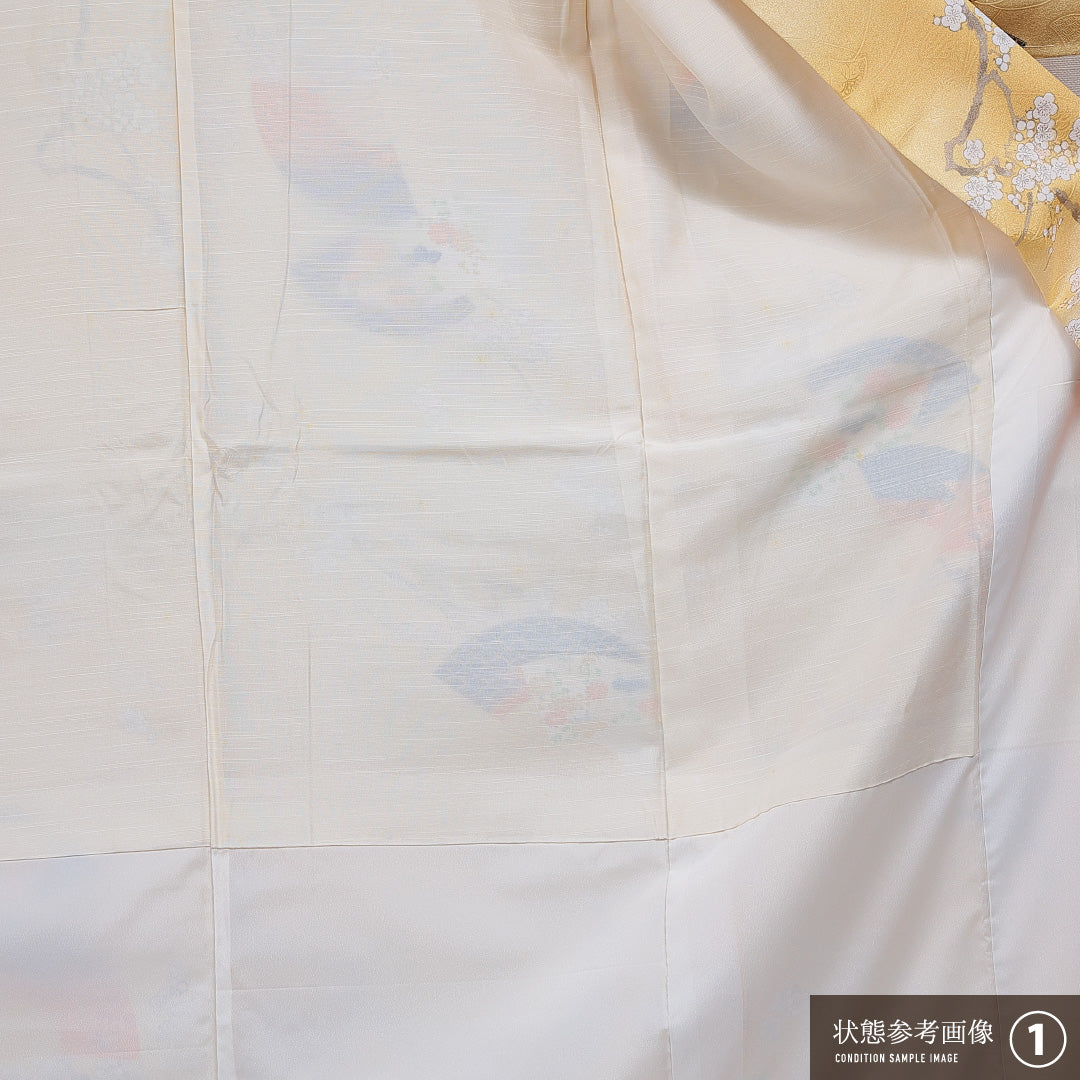洗える着物 小紋 袷 身丈159cm 裄丈64cm ポリエステル Aランク 紋意匠 (吉祥文様) インフォーマル 広衿 Mサイズ 古典柄 黄系 HP 1221-16379