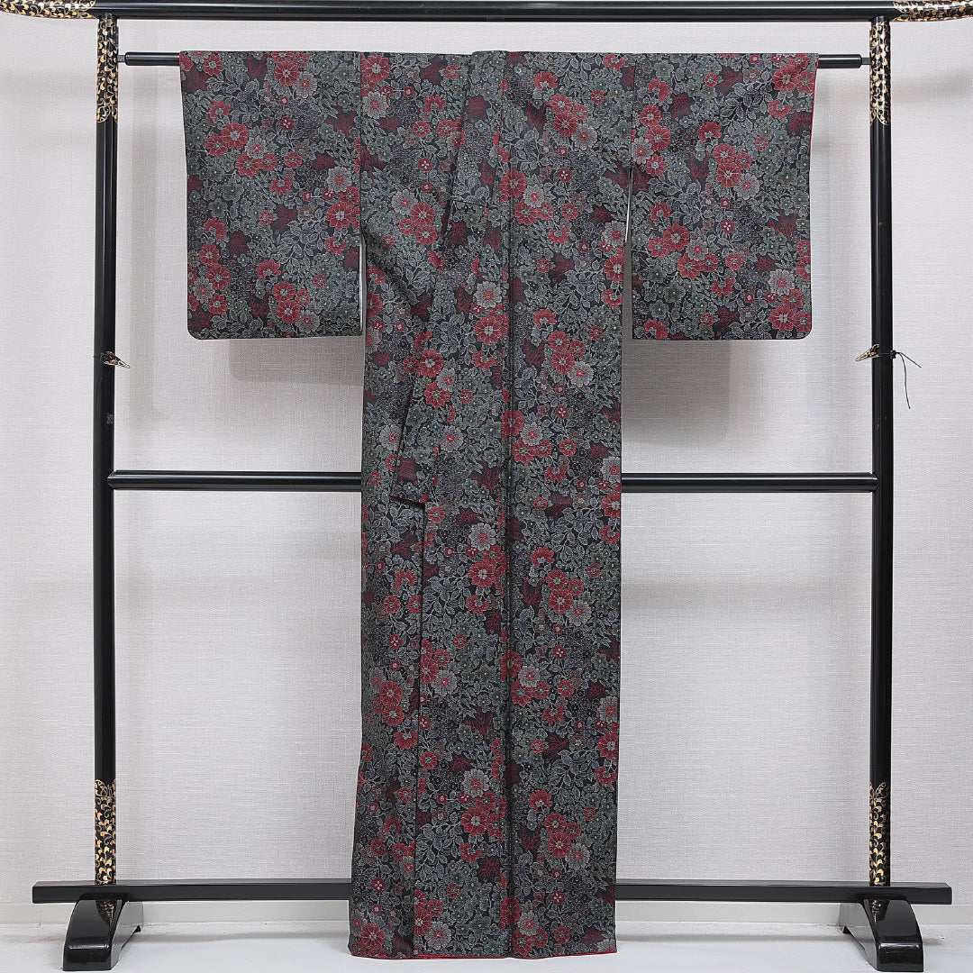 洗える着物 紬 袷 身丈163cm 裄丈64cm ポリエステル Sランク カジュアル バチ衿 Lサイズ 花柄 黒系 RP 1223-16309