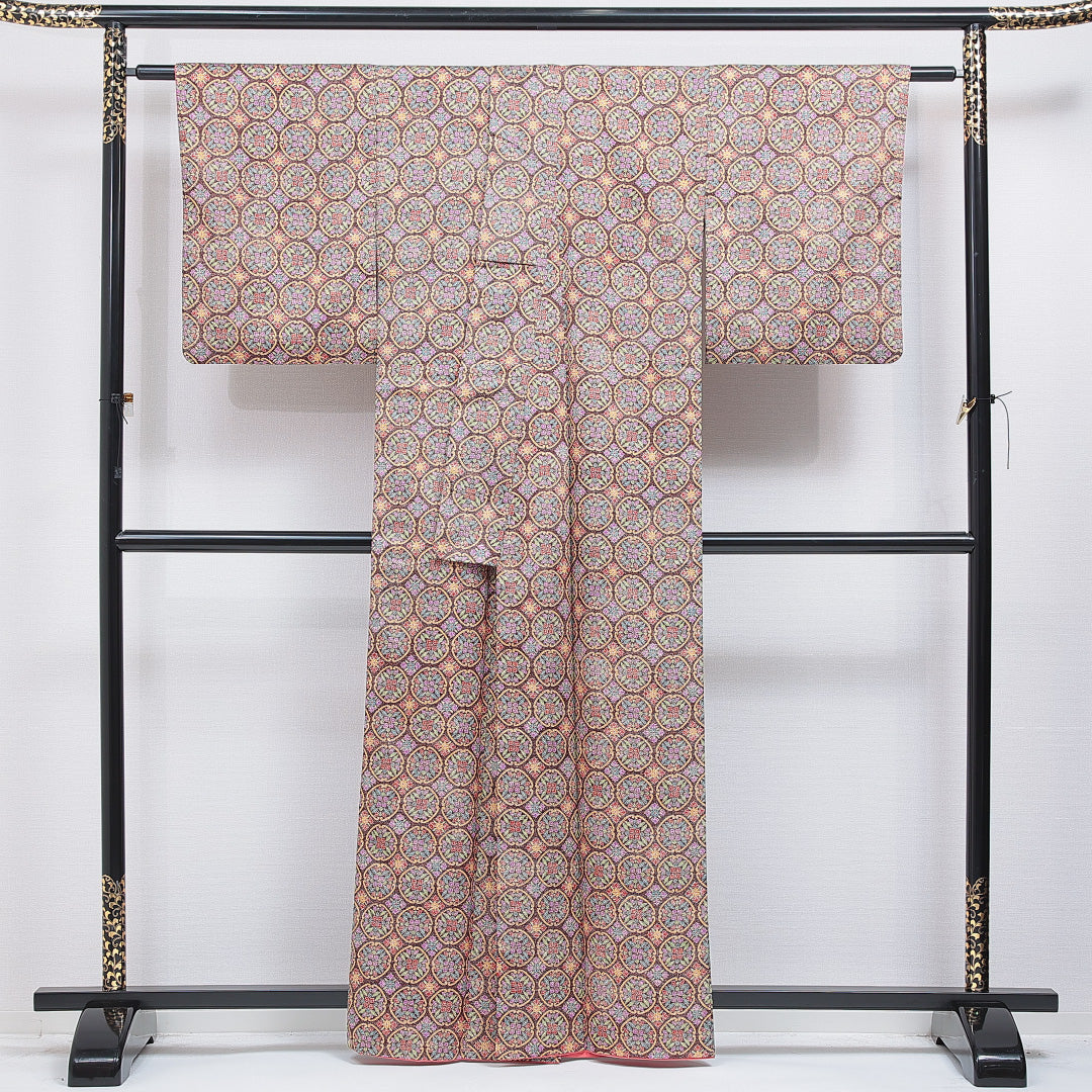 洗える着物 小紋 袷 身丈160cm 裄丈63cm ポリエステル Sランク インフォーマル 広衿 Lサイズ 花菱 華文 多色系 RP 1221-16286