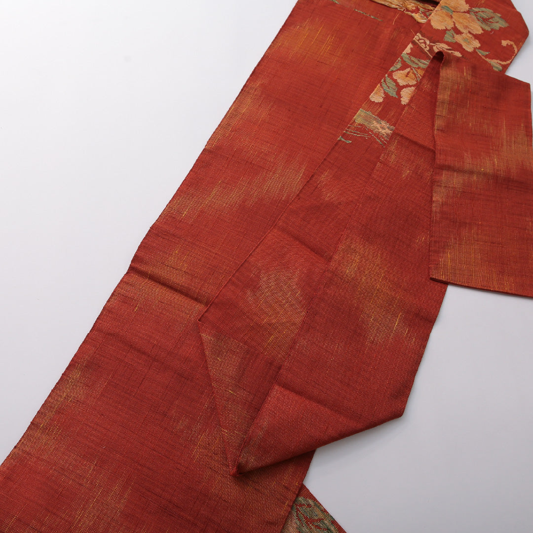 八寸名古屋帯 Sランク 帯丈363cm 正絹 六通 名古屋仕立て 織り カジュアル 紬 椿 朱系 LP 1245-03372