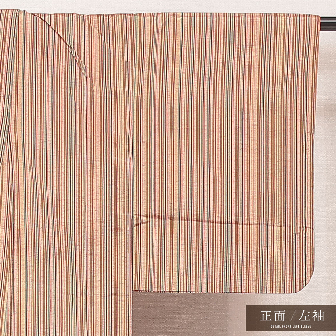 紬 袷 身丈152cm 裄丈62cm 正絹 Sランク カジュアル バチ衿 Sサイズ 縞 ベージュ系 RP 1223-16905