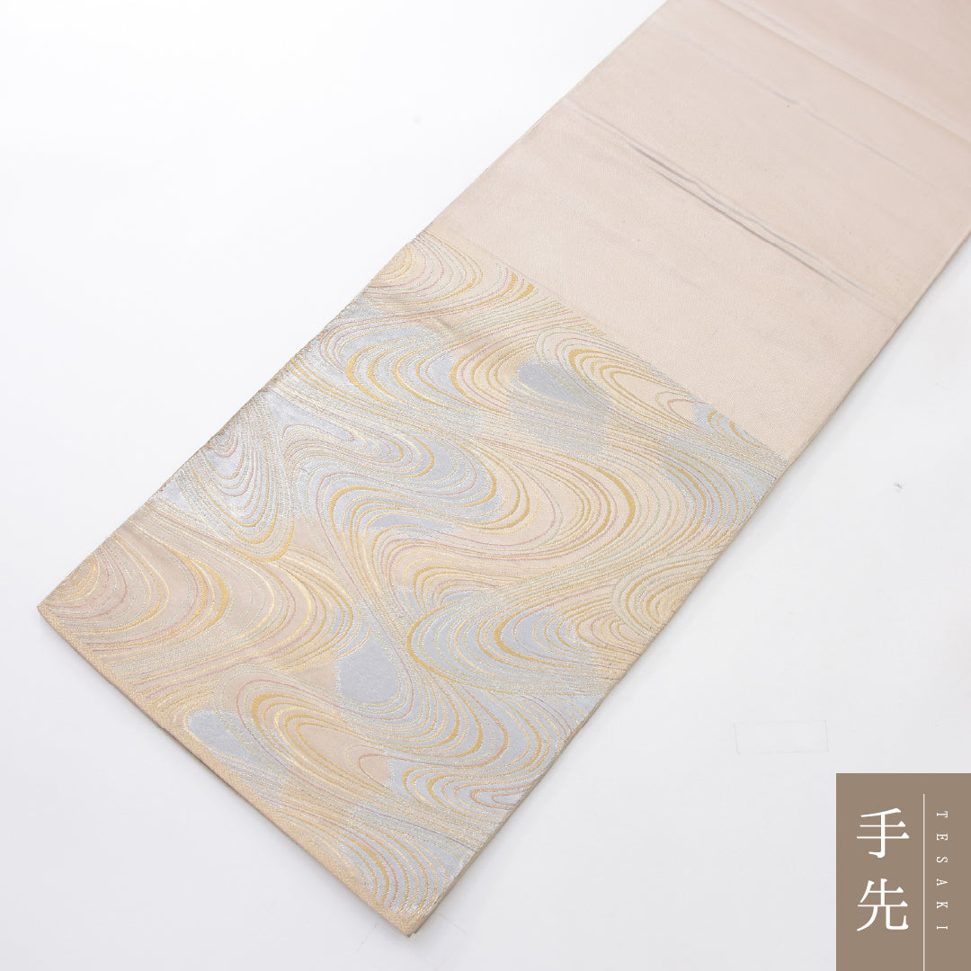 袋帯 帯丈412cm セミフォーマル 六通 Cランク 正絹 流水 ベージュ系 1223-02250