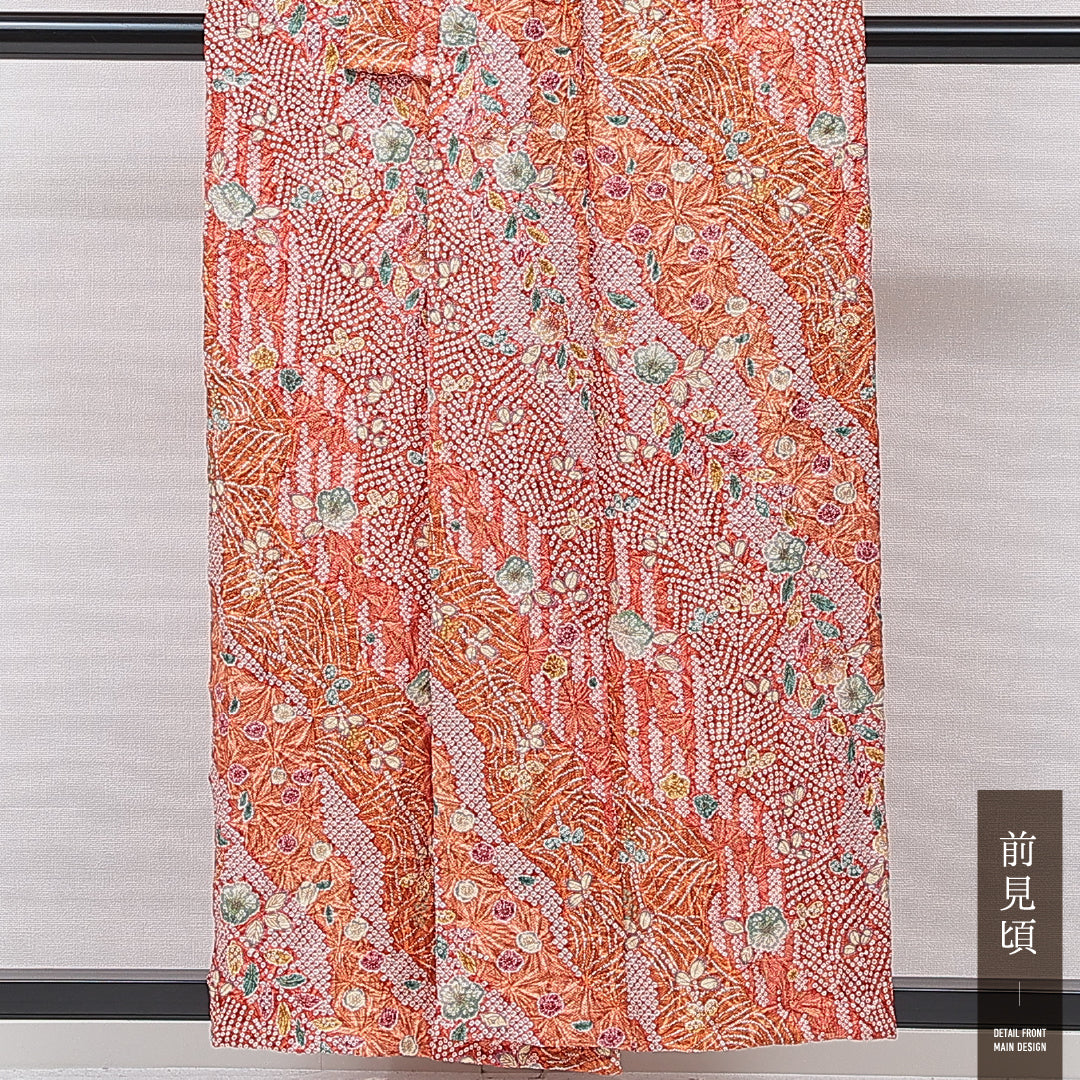 小紋 単衣 身丈156cm 裄丈64cm 正絹 Sランク インフォーマル バチ衿 Mサイズ ふくれ織 居敷当て 梅 鹿の子柄 ピンク系 RP 1221-15881
