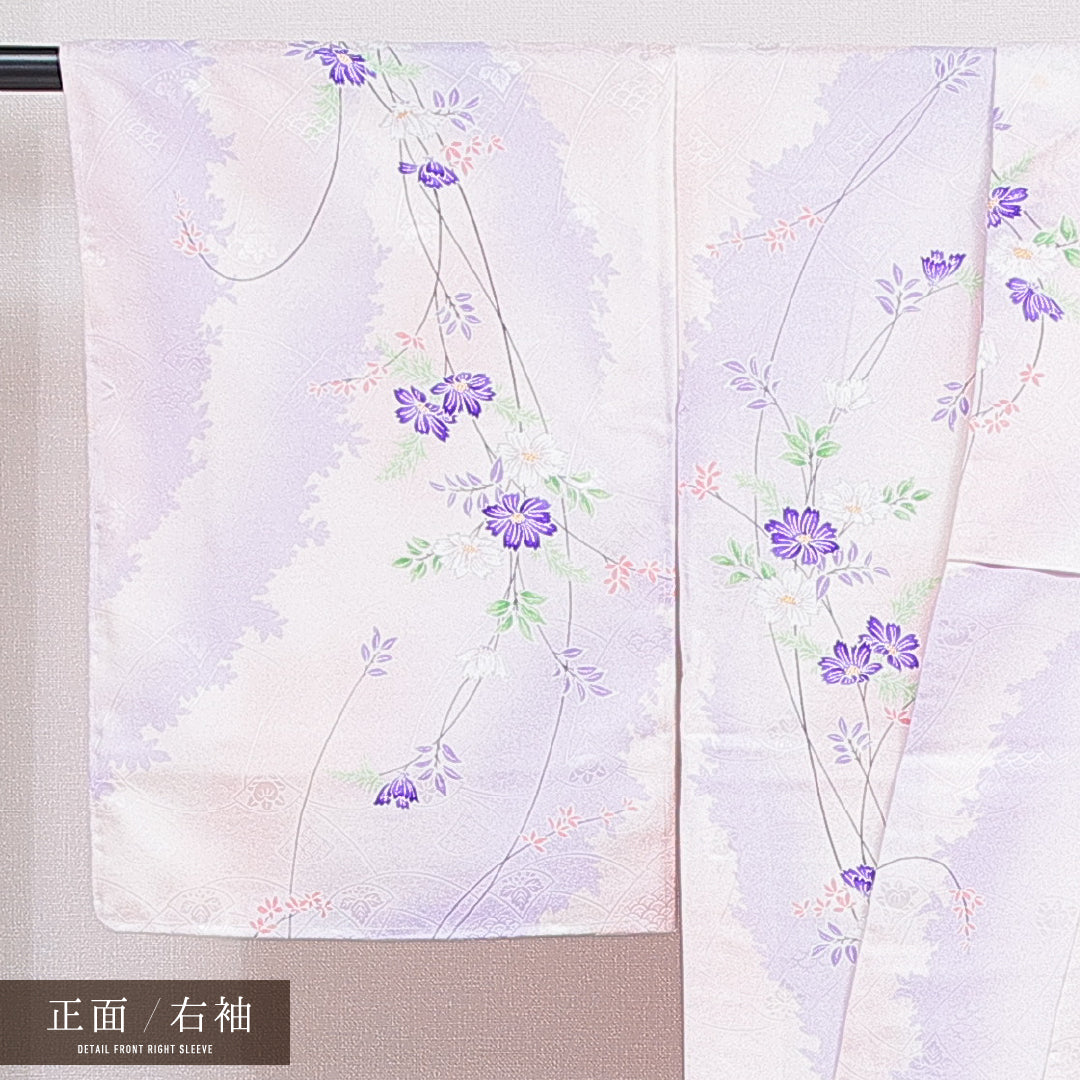 洗える着物 小紋 袷 身丈158cm 裄丈66cm ポリエステル Bランク インフォーマル 広衿 Mサイズ 花柄 ピンク系 HP 1221-16325