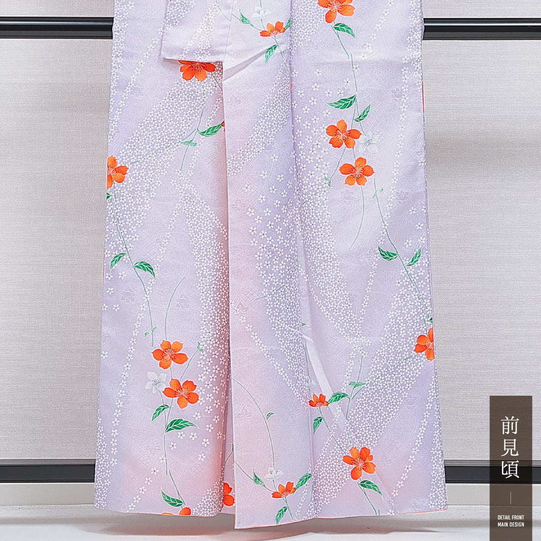 洗える着物 小紋 袷 身丈158cm 裄丈64cm ポリエステル Bランク インフォーマル 広衿 Mサイズ 花柄 紫系 HP 1221-16288
