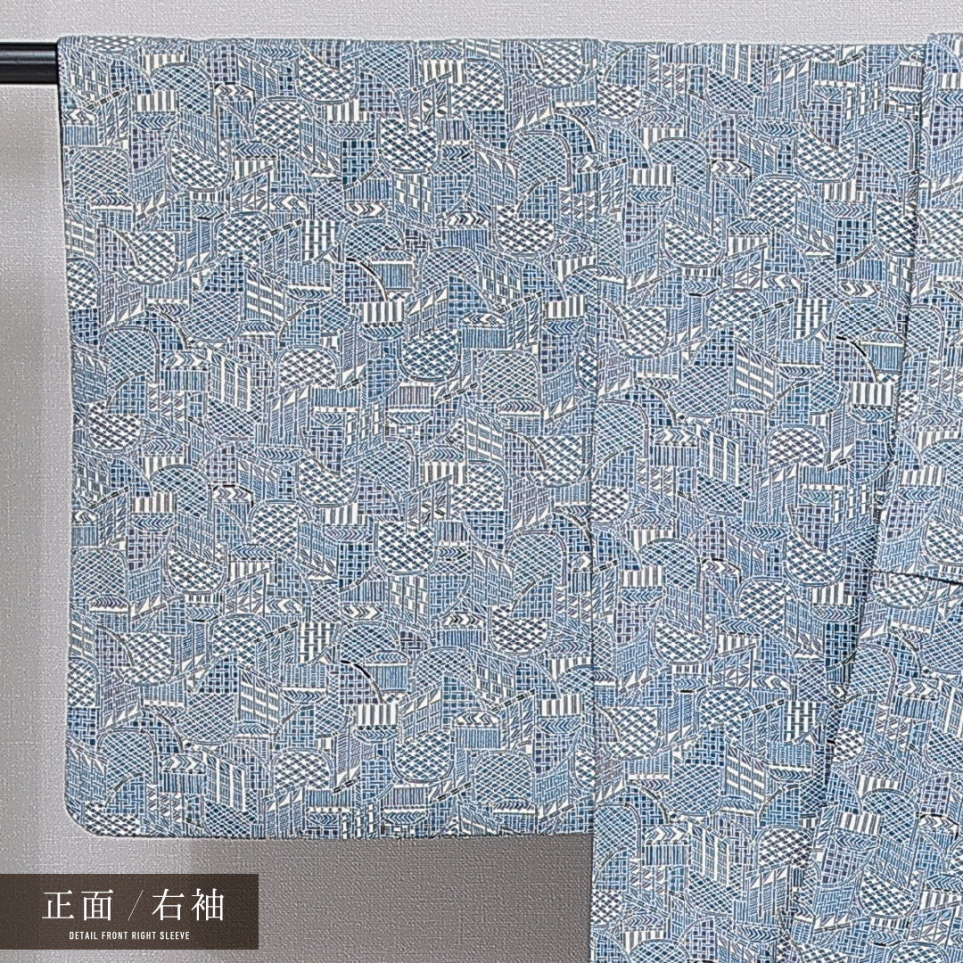 小紋 袷 身丈161cm 裄丈63cm 正絹 Aランク インフォーマル 広衿 Lサイズ 光悦垣 水色系 RP 1221-16081